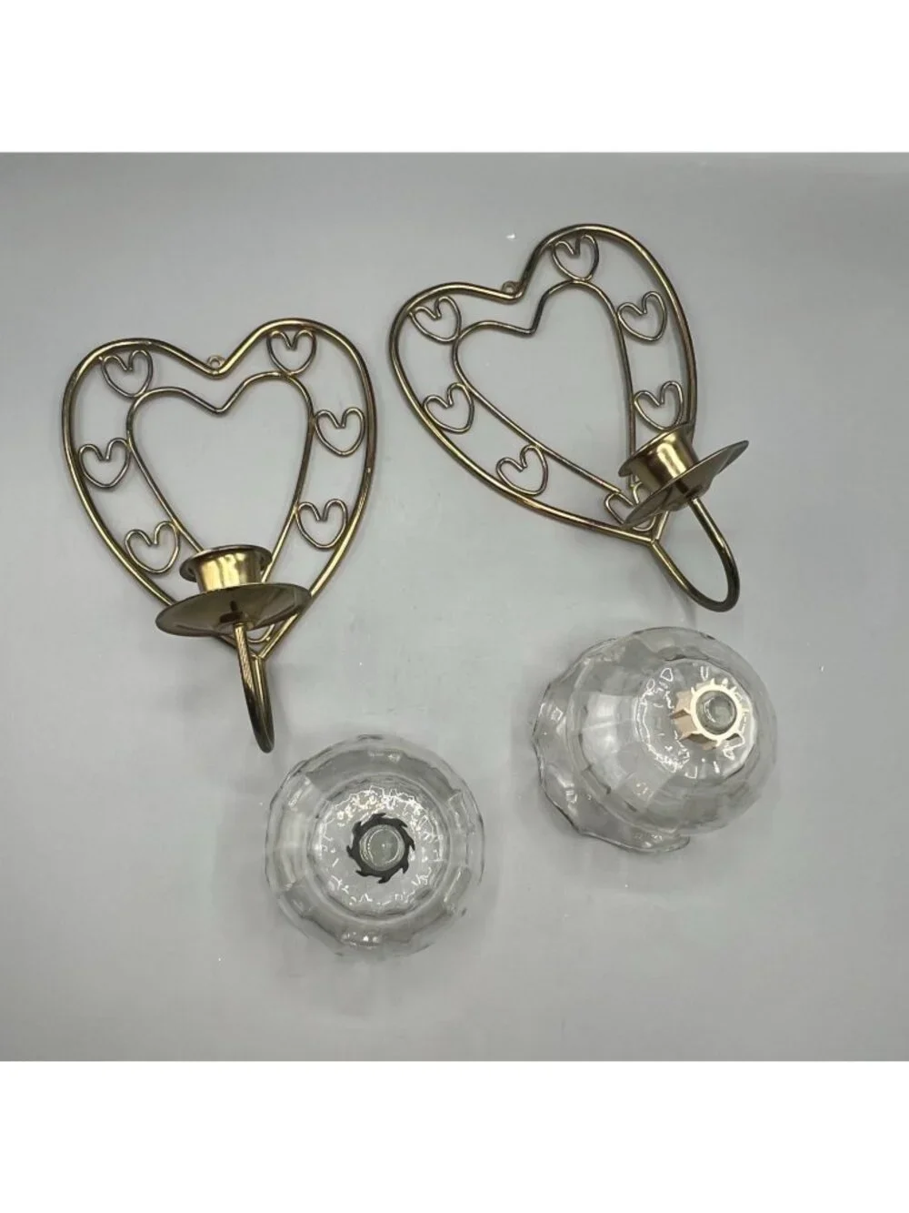 2 Homco Heart-Shaped Brass Wall Candle Holders Ruffled Votive Glass Shades Set